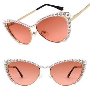 Elegant Gold Cat Eye Sunglasses Womens Vintage Pearl Embellishments
